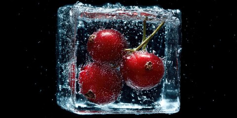 Bright red cherries submerged in a clear ice cube with water droplets, on a stark black background