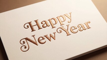 Elegant 'Happy New Year' embossed metallic text on a cream card, festive holiday greeting, celebration backdrop
