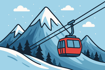 Red Cable Car over Snowy Mountains and Pine Forest at Ski Resort