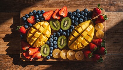 Assorted fresh fruit platter with mango, strawberries, kiwi, and blueberries