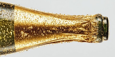 Close-up of a bottle neck wrapped in golden foil with condensation