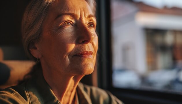 Close-up of an older woman's face looking out window