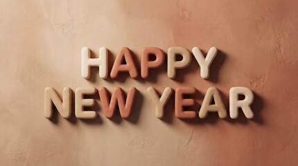 Warm Toned 3D Happy New Year Text. Festive greeting message with embossed letters on a textured background.