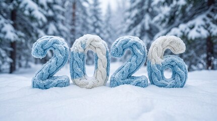 Winter 2026: Knitted Numbers in Fresh Snow with Snowy Forest Backdrop