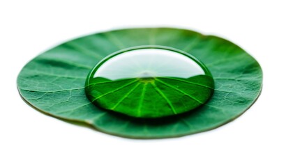 A single large water droplet resting on a green leaf surface.