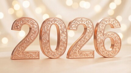 Elegant Rose Gold 2026 Numbers with Ornate Details on Festive Bokeh Background for New Year Celebration