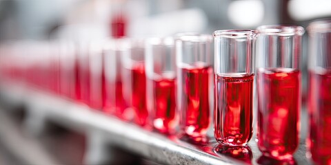 A row of clear glass test tubes filled with a vibrant red liquid, in a lab setting