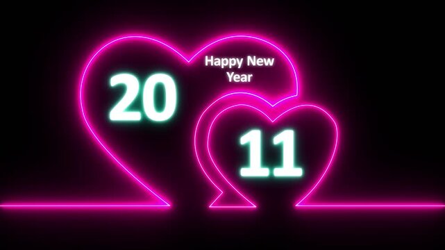 Neon line valentines day animated card with hearts love. Neon glowing Two love hearts. Valentine's Day indicate. Love One line drawing concept, valentines love heart with happy new year 2011