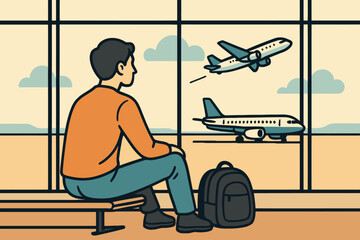 Male Traveler Waiting at Airport Lounge Watching Planes Take Off Through Large Window