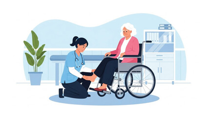 Compassionate nurse or physical therapist providing rehabilitation and leg massage to an elderly woman in a wheelchair in a medical clinic.