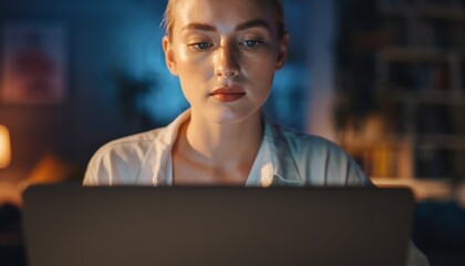 Woman concentrating on a laptop screen in a dimly lit room