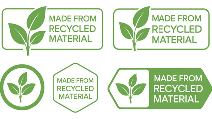 set of labels indicating products are made from recycled material, featuring green colour scheme and leaf emblem, Eco-awareness design for sustainable packaging, environmentally friendly branding.