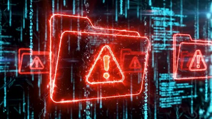 Glowing red warning folders floating in cyberpunk data rain with neon code streams and intense digital security threat atmosphere - Powered by Adobe