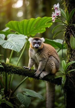 Red-fronted Brown Lemur Perched in Lush Madagascar Rainforest.