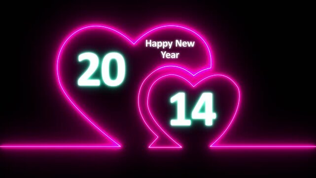 Neon line valentines day animated card with hearts love. Neon glowing Two love hearts. Valentine's Day indicate. Love One line drawing concept, valentines love heart with happy new year 2014