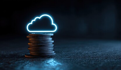 Stack of coins with a glowing cloud outline representing cloud-based finance on dark backdrop
