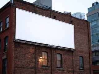 Blank billboard mounted on brick building in urban area at dusk or dawn