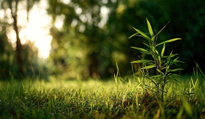 Sunny morning light bathes a small plant on a bed of fresh green grass, with blurred background