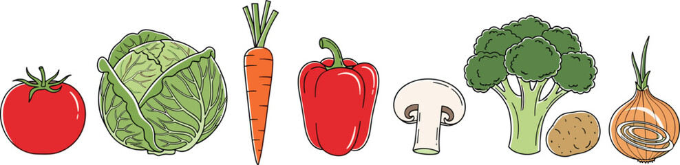 Collection of colorful fresh vegetable icons including tomato cabbage carrot pepper mushroom broccoli and onion cad drawing flat vector illustration set