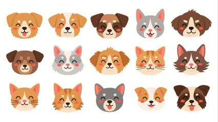 Obraz premium A delightful and diverse set of adorable cartoon dog and cat faces, ideal for avatars or pet-themed projects, created as a charming flat vector illustration