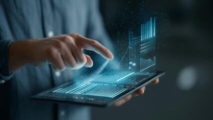 Businessman interacts with holographic blue data charts on tablet, futuristic digital analytics visualization interface - Powered by Adobe