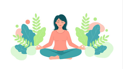 Flat vector illustration of a peaceful woman meditating in lotus pose, surrounded by natural elements, promoting mindfulness, relaxation, and wellness