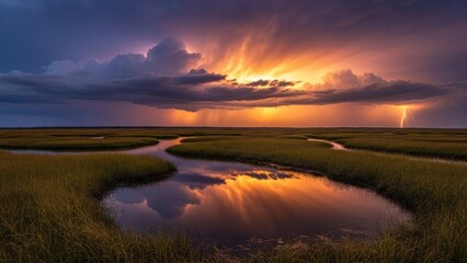 Vast marshland under a dramatic stormy sunset with lightning and fiery reflections