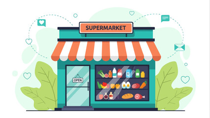 Fototapeta premium Flat vector illustration of a vibrant supermarket store front, showcasing fresh produce and groceries inside, symbolizing retail commerce and everyday shopping convenience