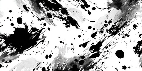 Abstract monochrome ink splatter art with dynamic movement, blending various shapes on white background