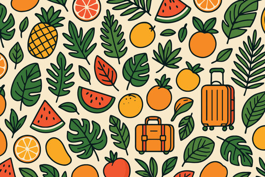 Seamless pattern with travel suitcases and tropical fruits and leaves illustration