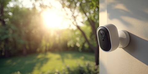 Close-up of a security camera mounted on a wall, with a sunny, blurred green backyard background