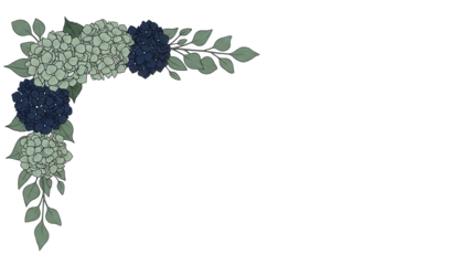 Elegant minimal floral corner border with hydrangeas and eucalyptus in sage and navy isolated on white background