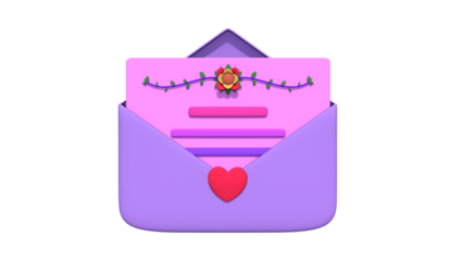 3D Love Letter Envelope with Heart Seal and Floral Decoration Isolated on PNG Background