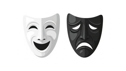 Classic theatrical masks, one white and happy symbolizing comedy, and one black and sad representing tragedy and drama.
