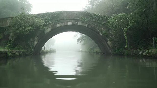 Ancient Moss-Covered Stone Arch Bridge Spanning a Misty Quiet River at Dawn