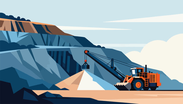 Open pit mine with dragline excavator and loader on a sunny day