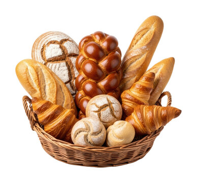 Delicious variety of breads in a basket bakery food rustic isolated on transparent background