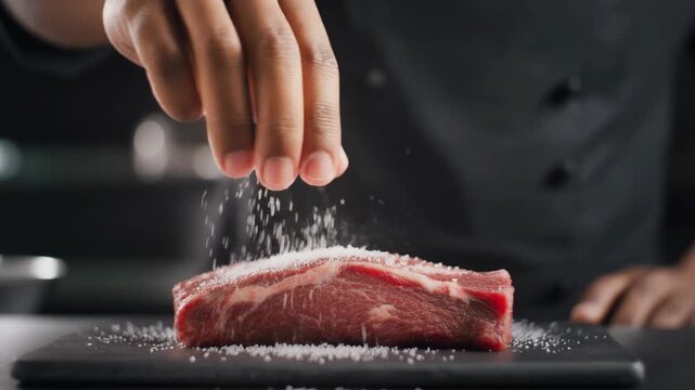 Chef's hand seasoning a raw cut of beef with coarse salt on a dark cutting board.