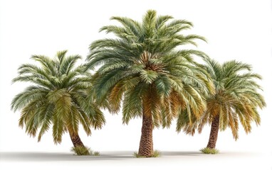 Three palm trees with slender trunks and full fronds against a white backdrop