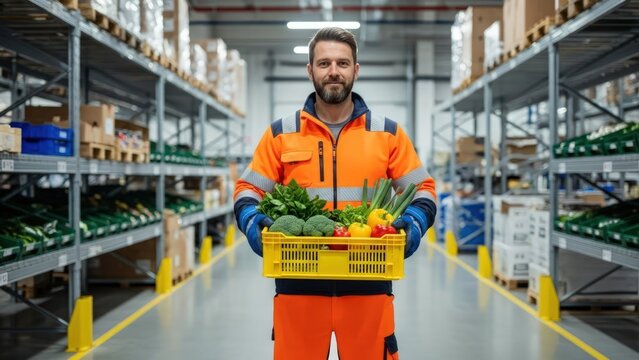 Man in safety uniform holds crate of fresh vegetables in a large warehouse aisle - Powered by Adobe