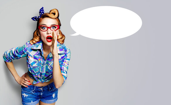 Portrait image - woman in red eye glasses eyeglasses, say advertise yelling, hand near mouth. Pin up pinup girl with white empty mockup speech bubble, retro ad concept, isolated grey gray background