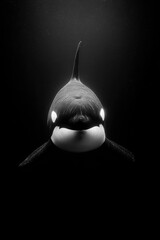 A striking black and white portrait of a killer whale swimming directly towards the viewer