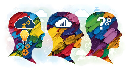 Creative process and problem-solving concepts illustration | Visualization of human thought, innovation, and data analysis | Oil paint texture abstract mind silhouettes with technology icons