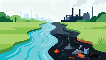 Fototapeta premium A stark contrast between a pristine river and a polluted, industrialized landscape