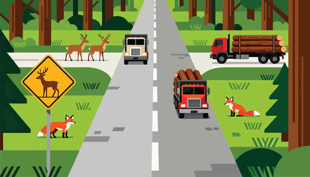 Woodland road with trucks, deer, and foxes