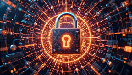 Secure digital padlock with glowing orange light on futuristic circuit board background