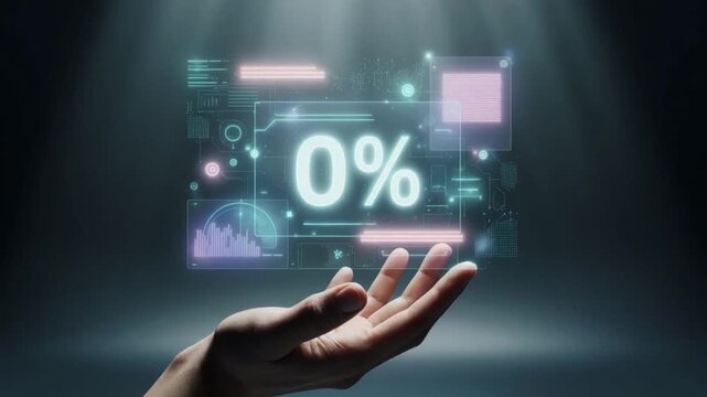 Hand holding glowing 0% holographic display with futuristic data interface