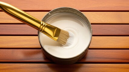 Brush dipped in white liquid paint in a tin, resting on a striped wooden surface