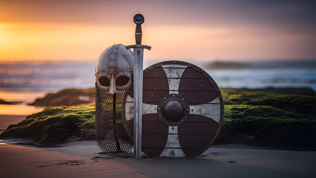 Viking warrior gear resting on a sandy beach at sunset | Historical medieval armor, sword, and shield coastal scene | Dramatic golden hour photograph of Norse artifacts