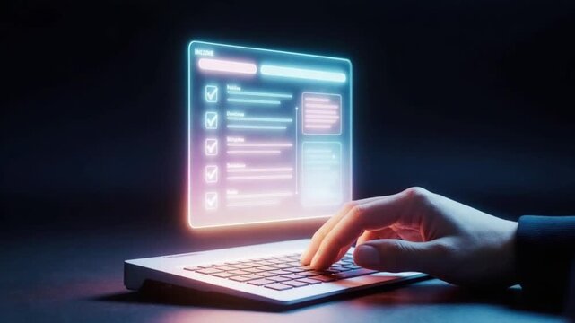 Hand typing on laptop with glowing holographic task management interface